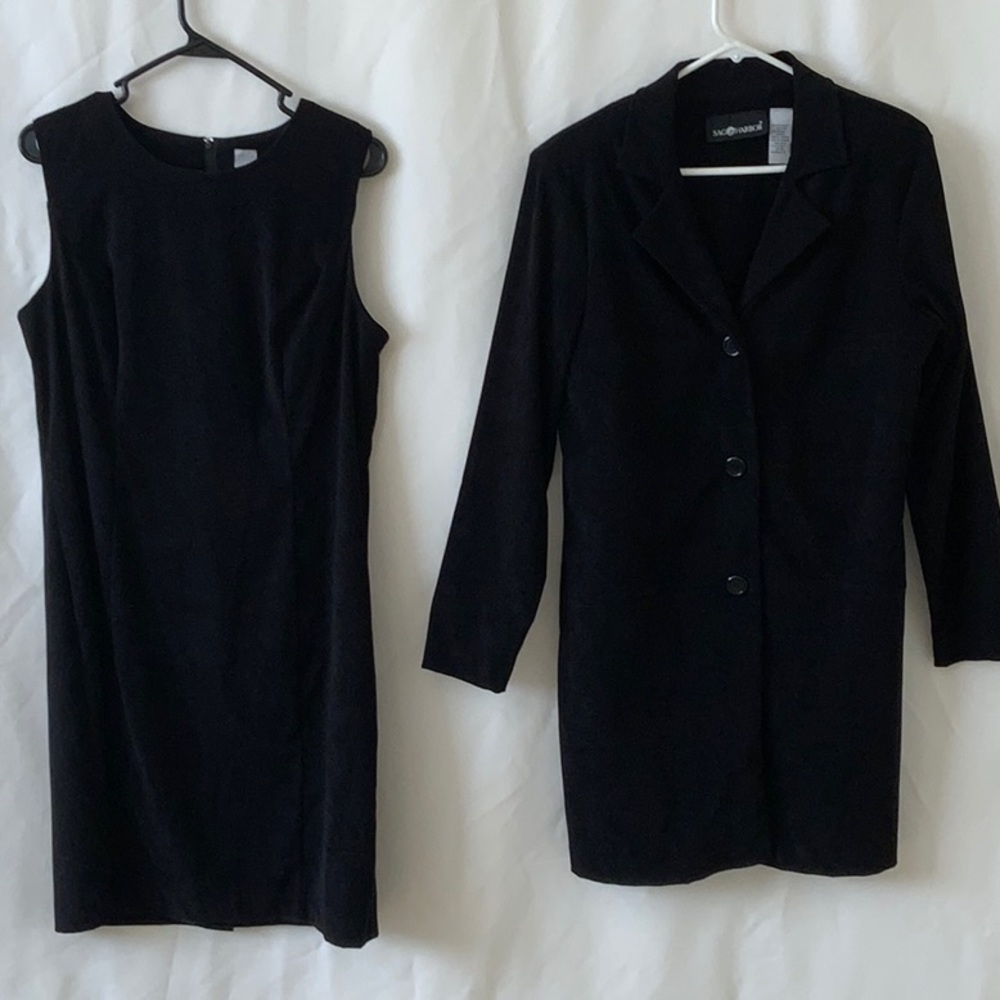 Sag Harbor - Black faux suede- 2 pc dress set. Sheath dress and duster pair. 12